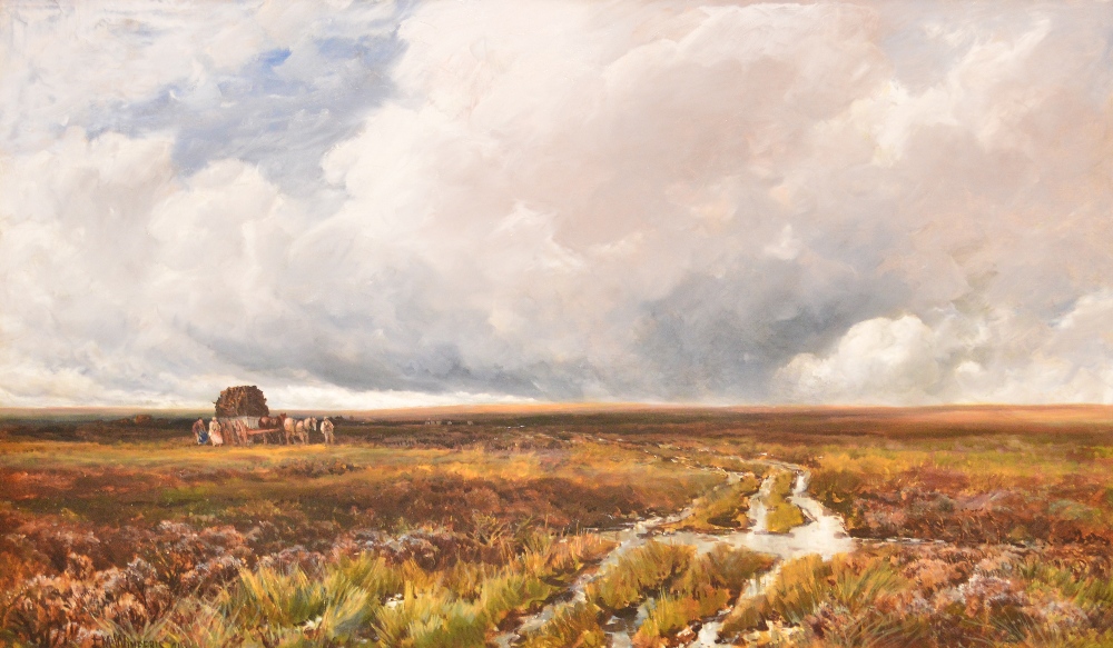 EDMOND MORISON WIMPERIS (1835-1900); a large oil on canvas, moorland landscape with horse drawn cart