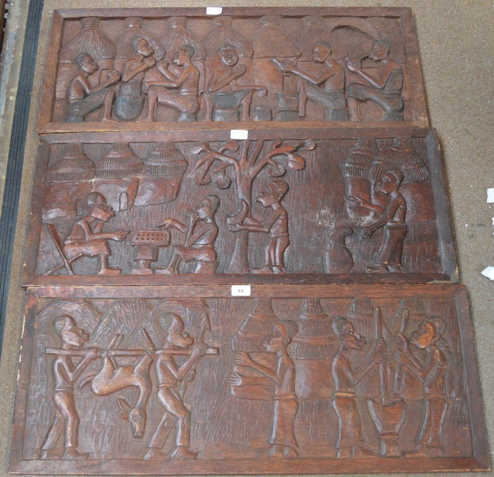 Five 20th century carved panels, each approx 37 x 91cm.