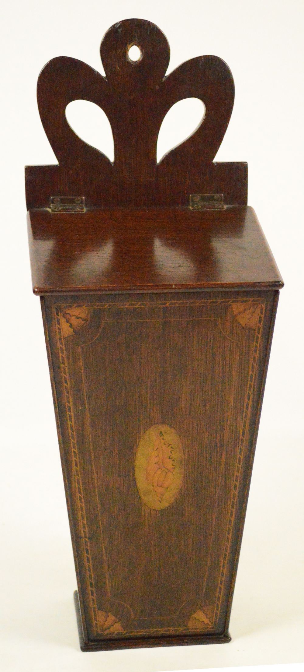 A Georgian oak and inlaid candle/salt box of tapering form, height 45cm.   CONDITION REPORT: