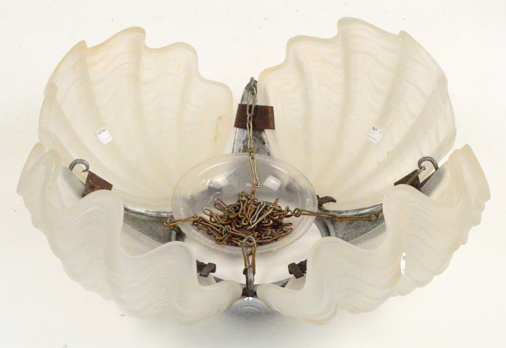 An Art Deco frosted glass and chrome light fitting set with four scallop moulded glass panels.