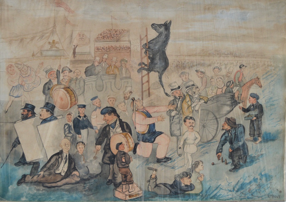 E.P. HOLT; humorous possibly political cartoon watercolour sketch depicting various figures and a
