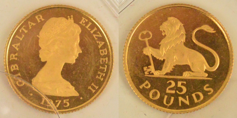 An Elizabeth II £25 coin, Gibraltar, 1975.