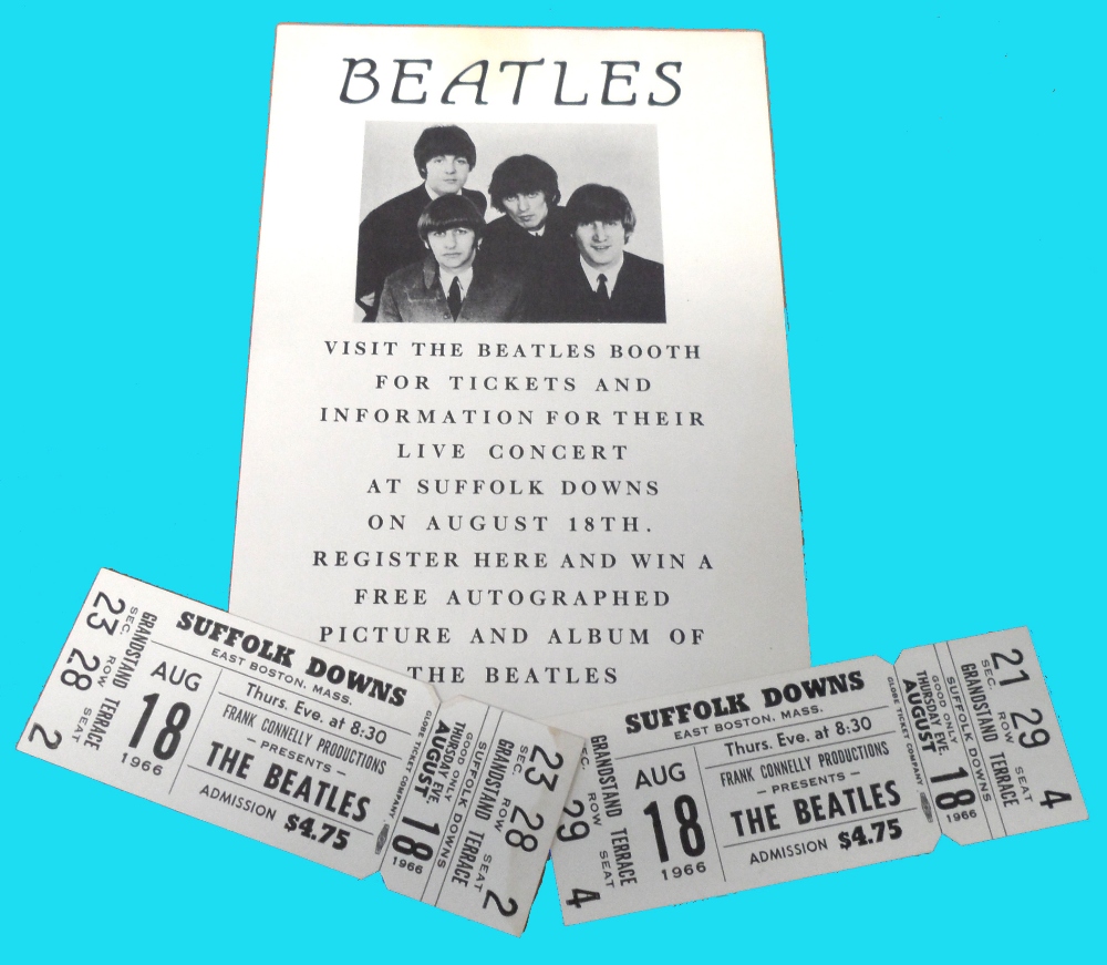 Two tickets for the Beatles concert at Suffolk Downs Raceway August 18th 1966, both grandstand