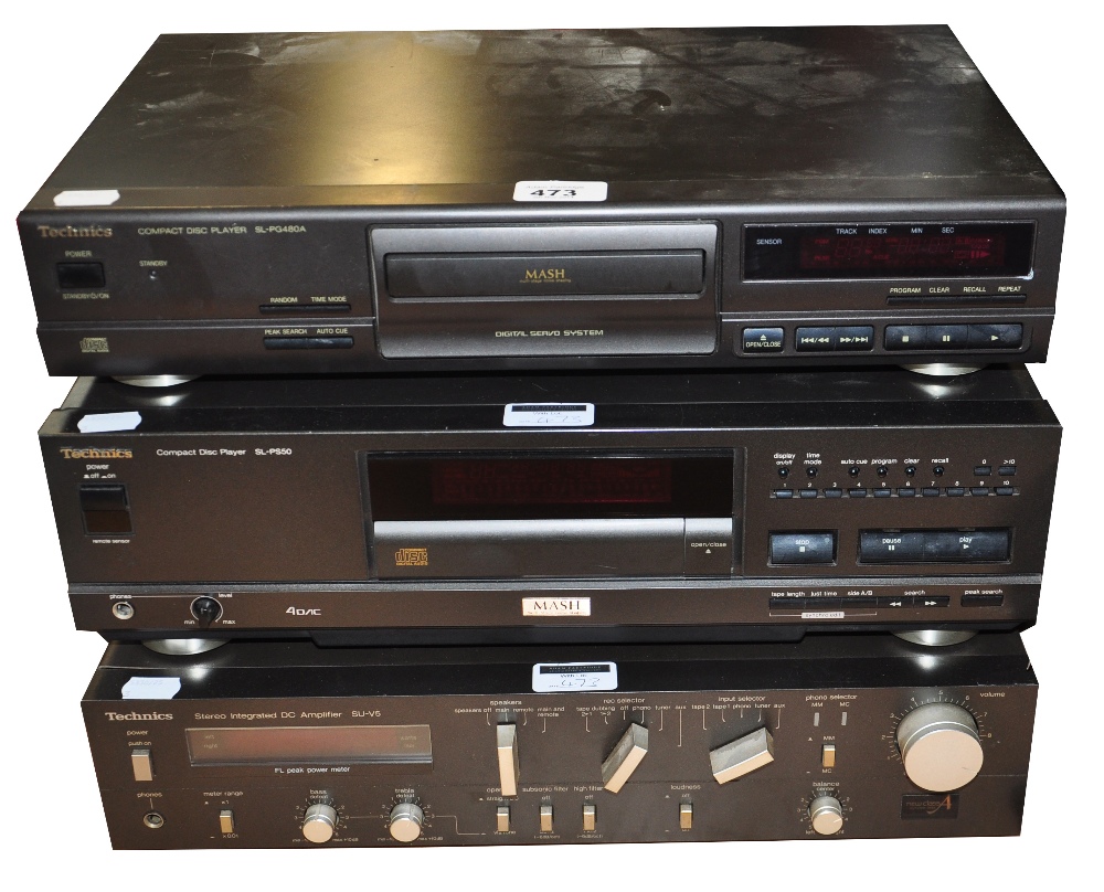A Technics stereo amplifier model SU-V5 and two CD players model SL-PS50 and SL-PG480A (3).