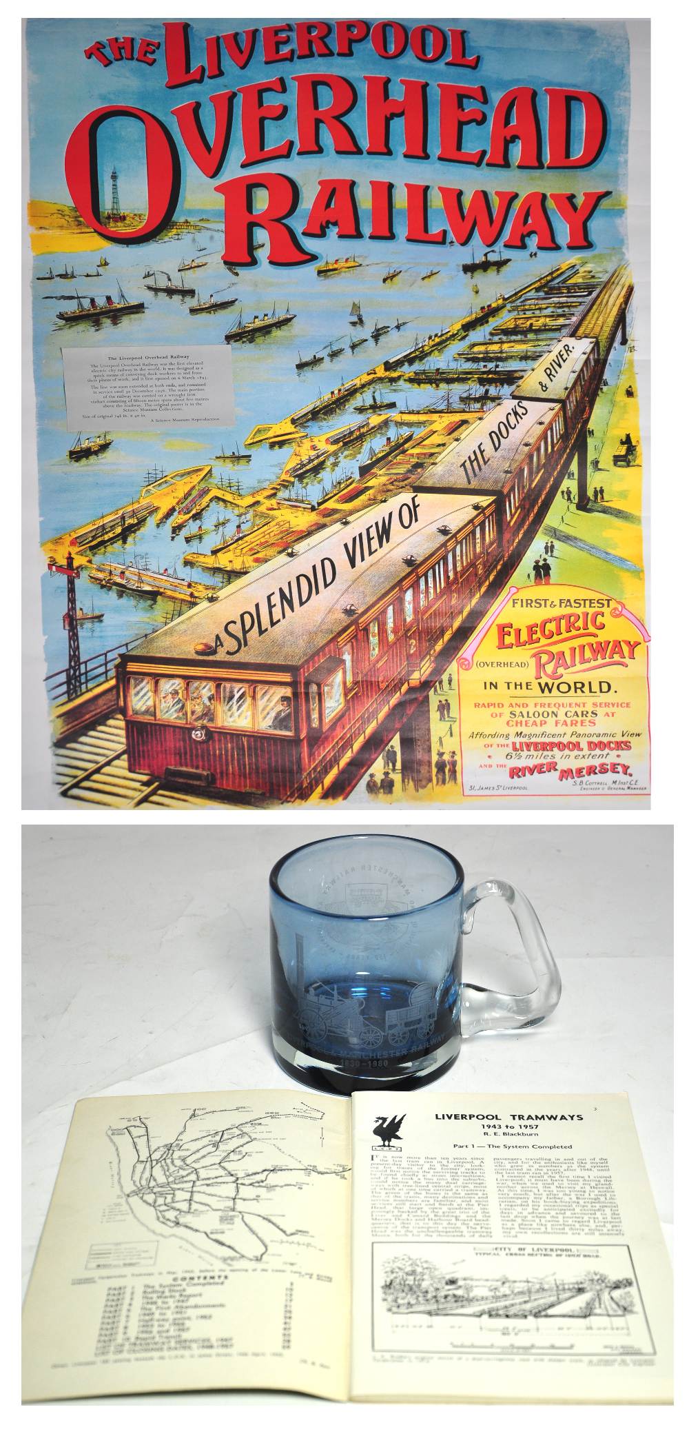 A reprinted Liverpool overhead railway poster, a Liverpool Tramways 1943-57 booklet and a glass