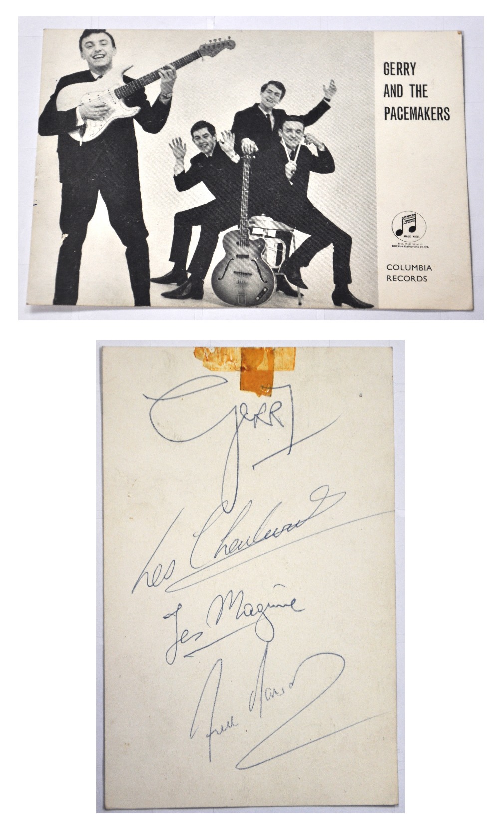 An autographed Gerry and the Pacemakers promotional photo card fully signed by the group verso and a