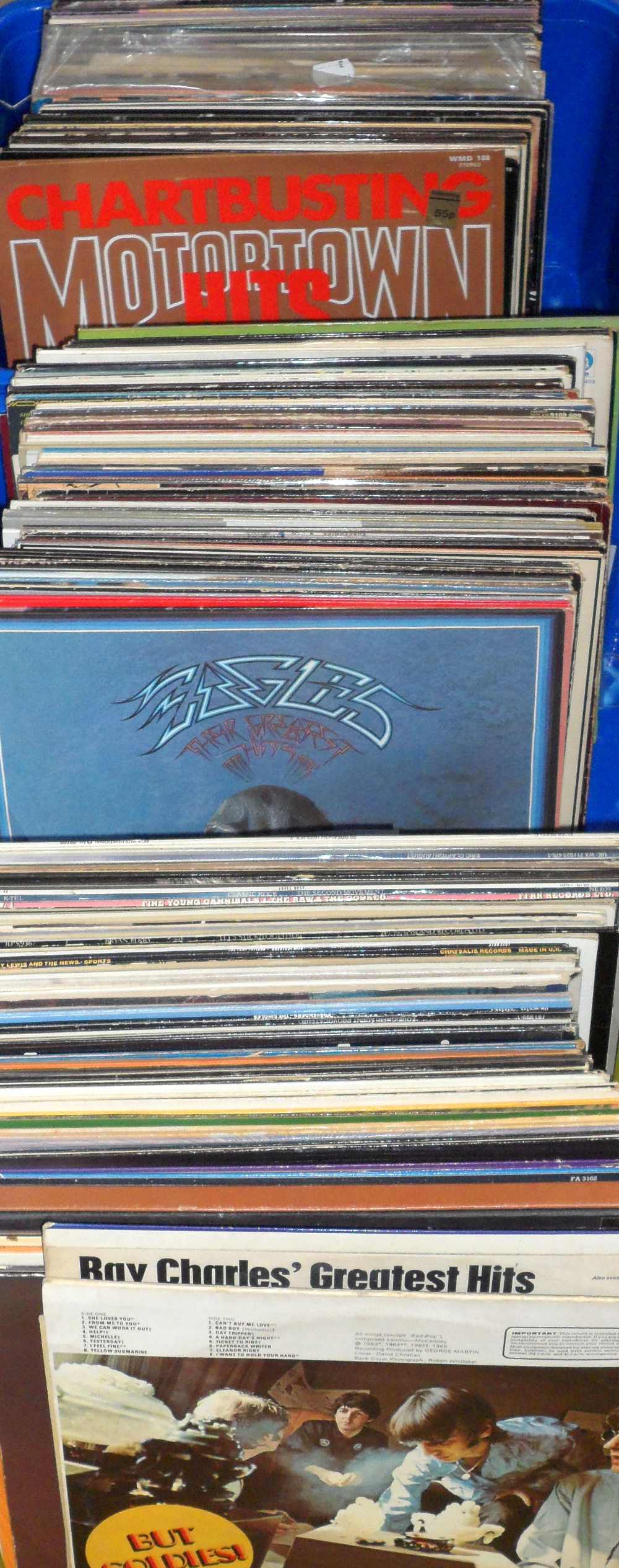 Three boxes of rock and pop albums, full list available.