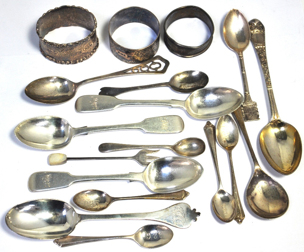 Various Victorian hallmarked silver spoons, silver napkin rings etc, various date marks, approx