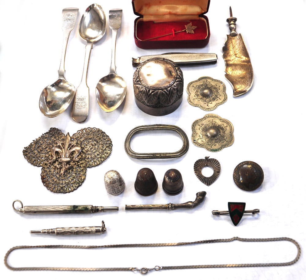 A collectors lot of  silver and plated items to include a Victorian mourning brooch, chains,