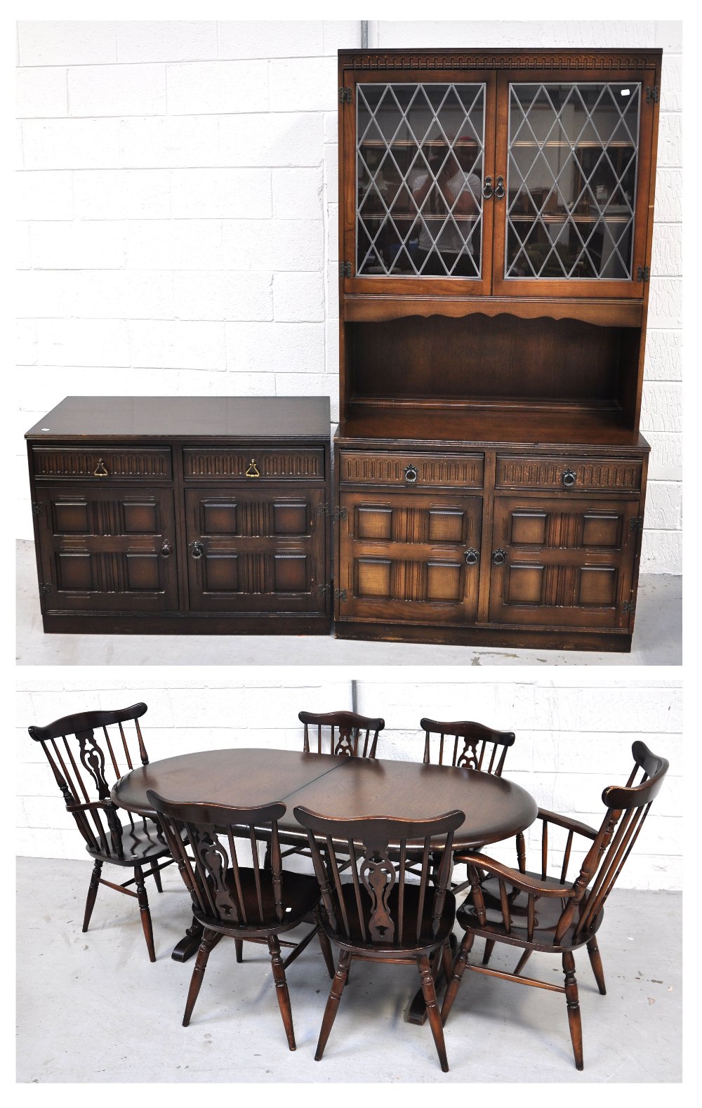 A reproduction 20th century dark oak dining suite comprising extending table, length extended 172cm,