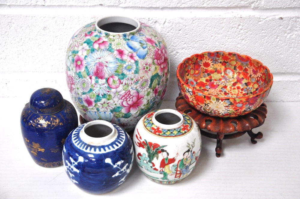 A large floral Oriental ovoid vase, a Japanese floral bowl and three other Oriental ginger jars (5).