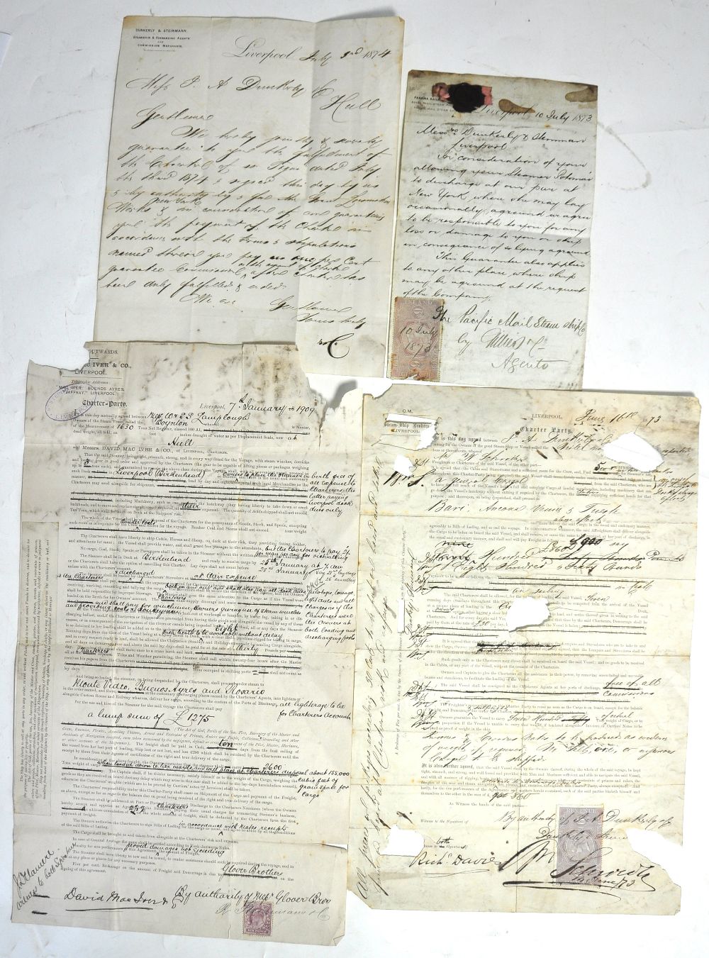 Four 19th century letters relating to shipping lines including Pacific Mail.