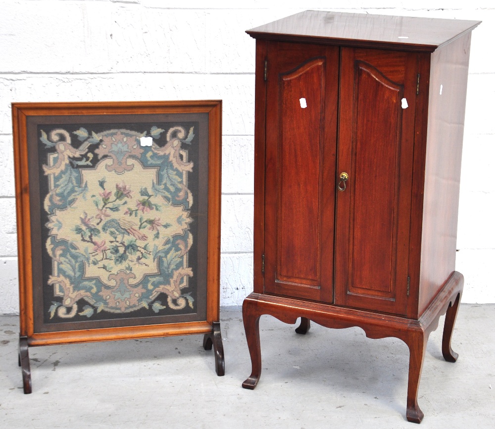 An Edwardian side cabinet with eight interior shelves, also a tapestry fire screen (2).