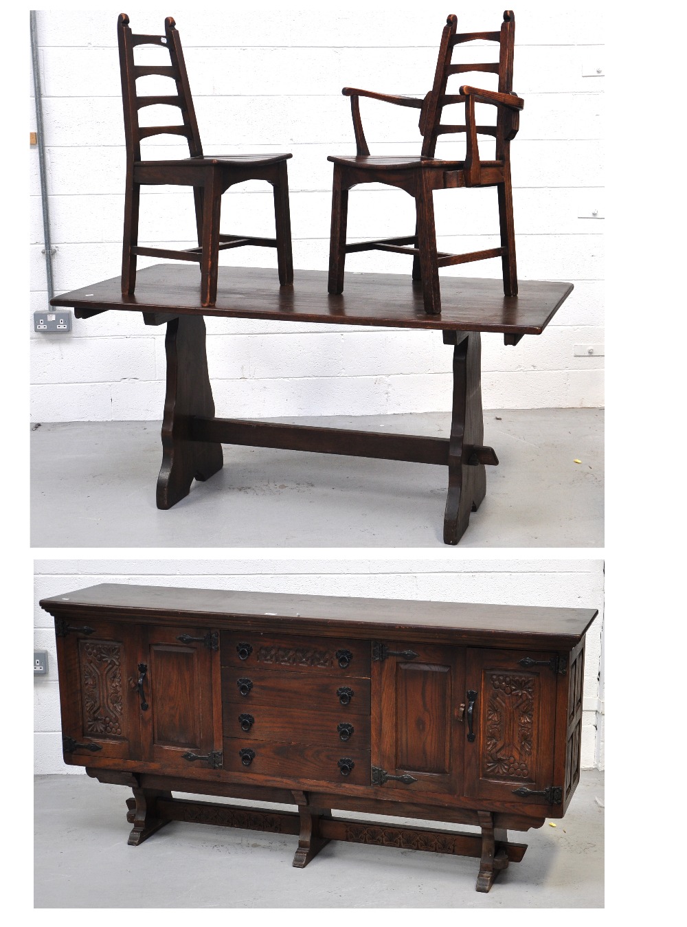 A reproduction oak dining room suite comprising refectory table, six chairs and a sideboard,