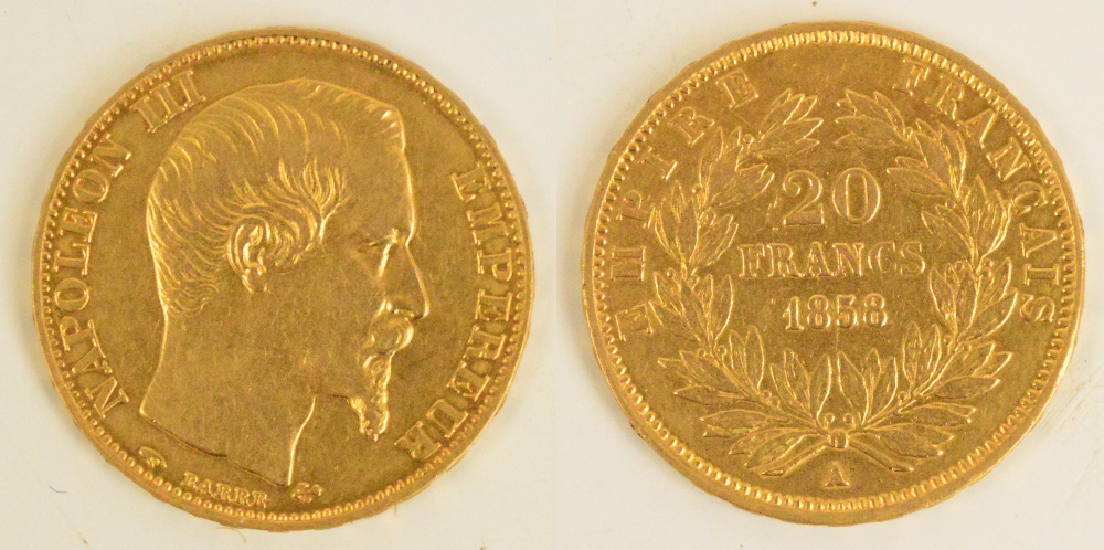 A France Napoleon III 20 francs gold coin, 1858.