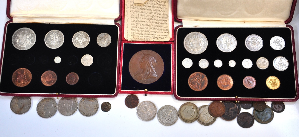 A set of 1937 George VI specimen coins, a further part George VI set of specimen coins with six