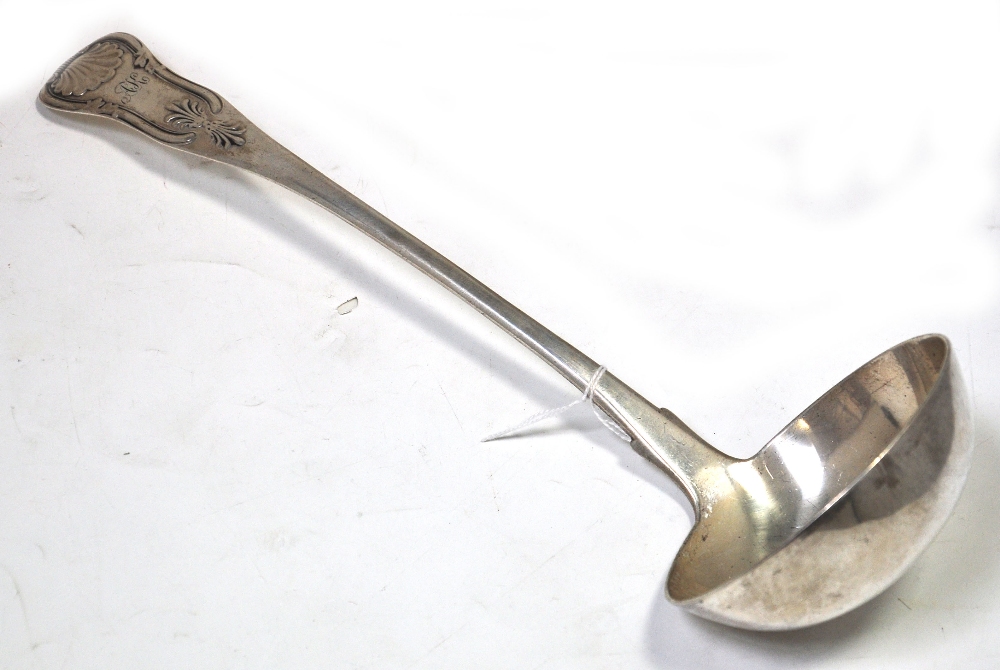 A Victorian hallmarked silver soup ladle, with single shell decoration, Edinburgh 1843, length 33cm,