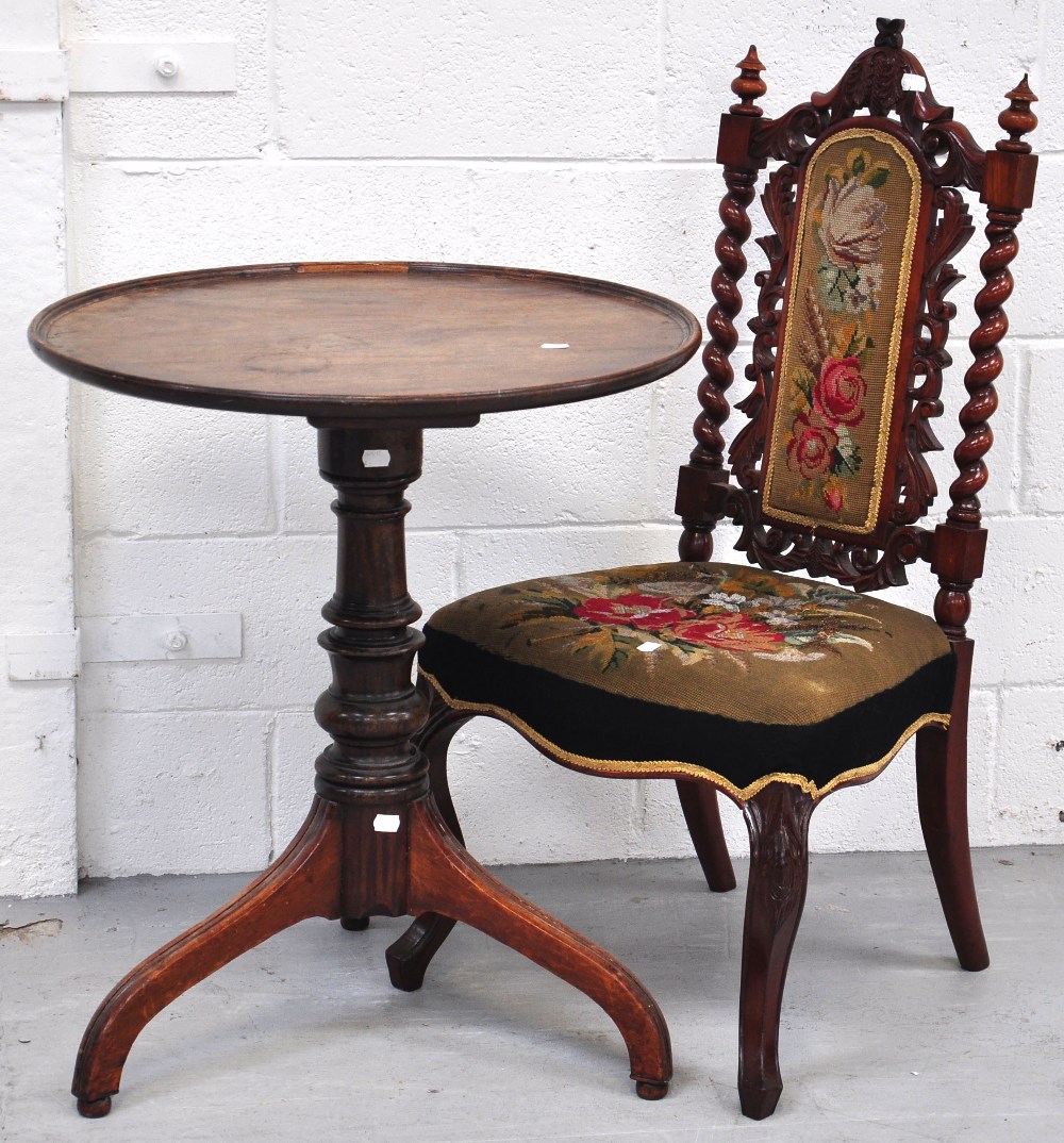 A Victorian round pedestal table, diameter 61cm and a Victorian hall chair with tapestry seat and