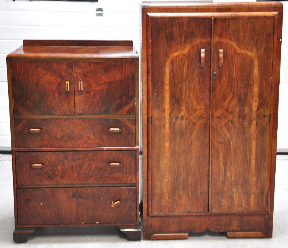 A walnut tallboy, height 116cm and a matching gentleman's wardrobe, height 140cm (2).