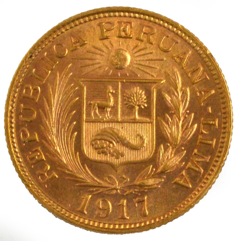 A Peru "una libra" gold coin, 1917.