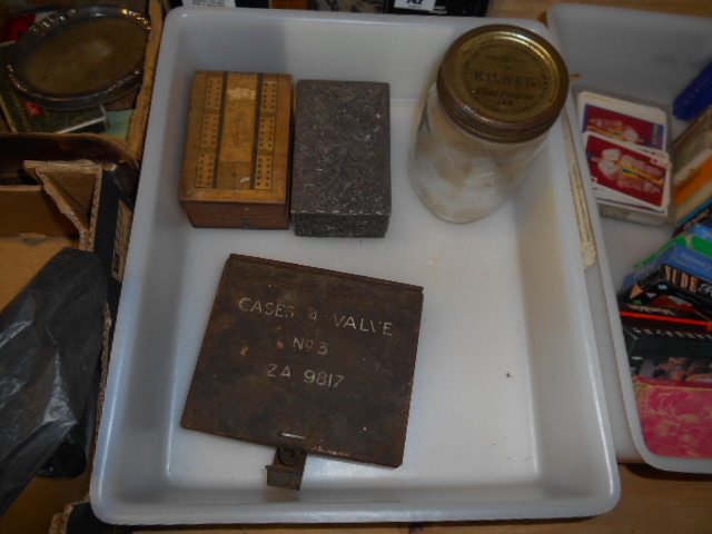 A Games Box, Tin Valve Box, Another Box and Glass Kilner Jar.