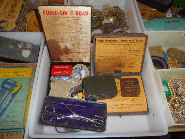 Two Vintage First Aid Kits, cased in tin and timber.