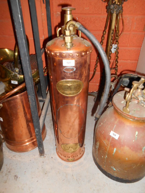 An Antique Riveted Copper and Applied Brass Fire Extinguisher, R & C Trademark, name on applied