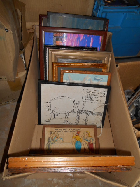 A Box of Assorted Prints to include four framed Bonzo postcards, another the Meccano Head Office &