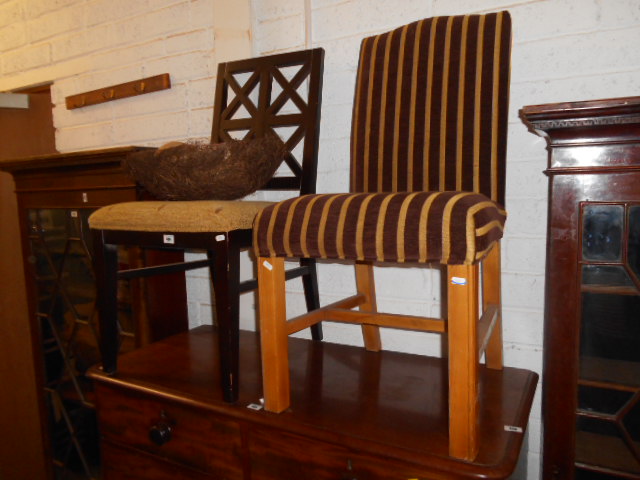 Two Single Side Chairs, one with upholstered back and seat in brown and gold (2).