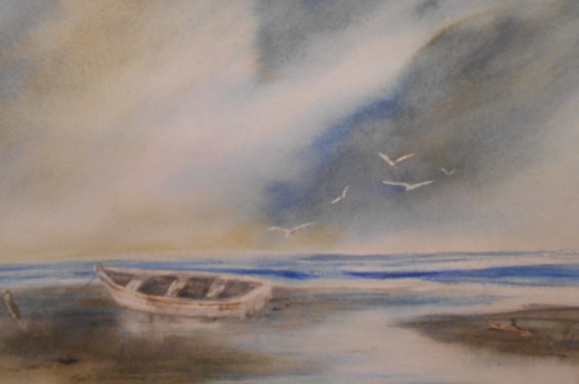 A Watercolour Entitled `Evening Beach`, indistinctly signed `Teal Dennon` (?), with details verso.