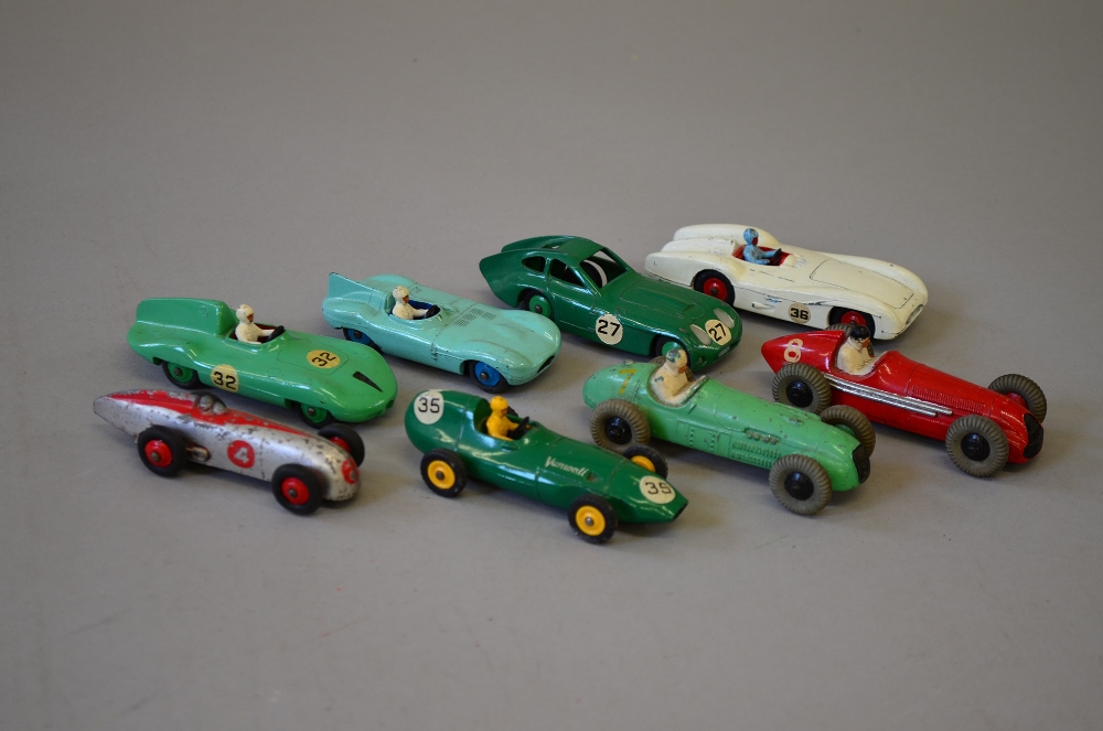 Eight Dinky Toys Racing Cars, includes: 239 Vanwall in green with yellow driver and yellow hubs (G/