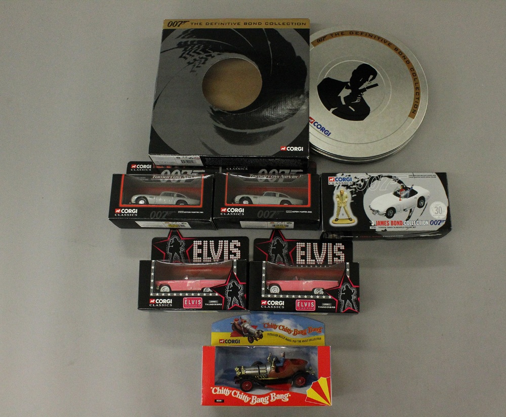 Seven Corgi TV related diecast models: four James Bond (two 04302, 65101, CC99106); Two Elvis