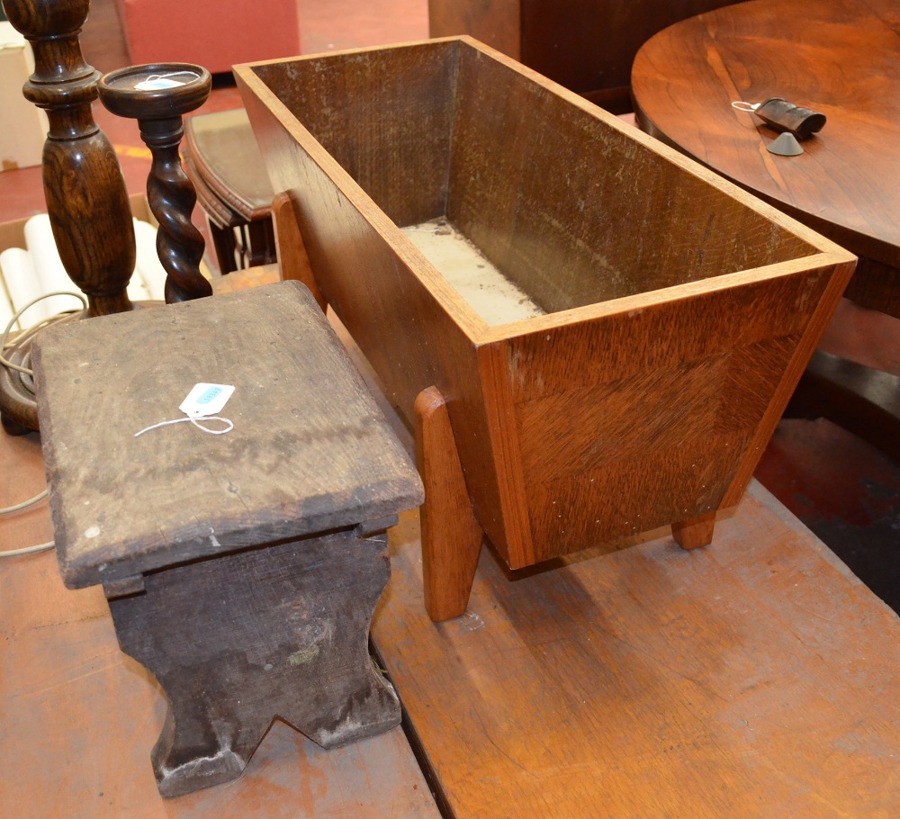 Four assorted items including a barley twist standard lamp, a trough, a milking stool and a