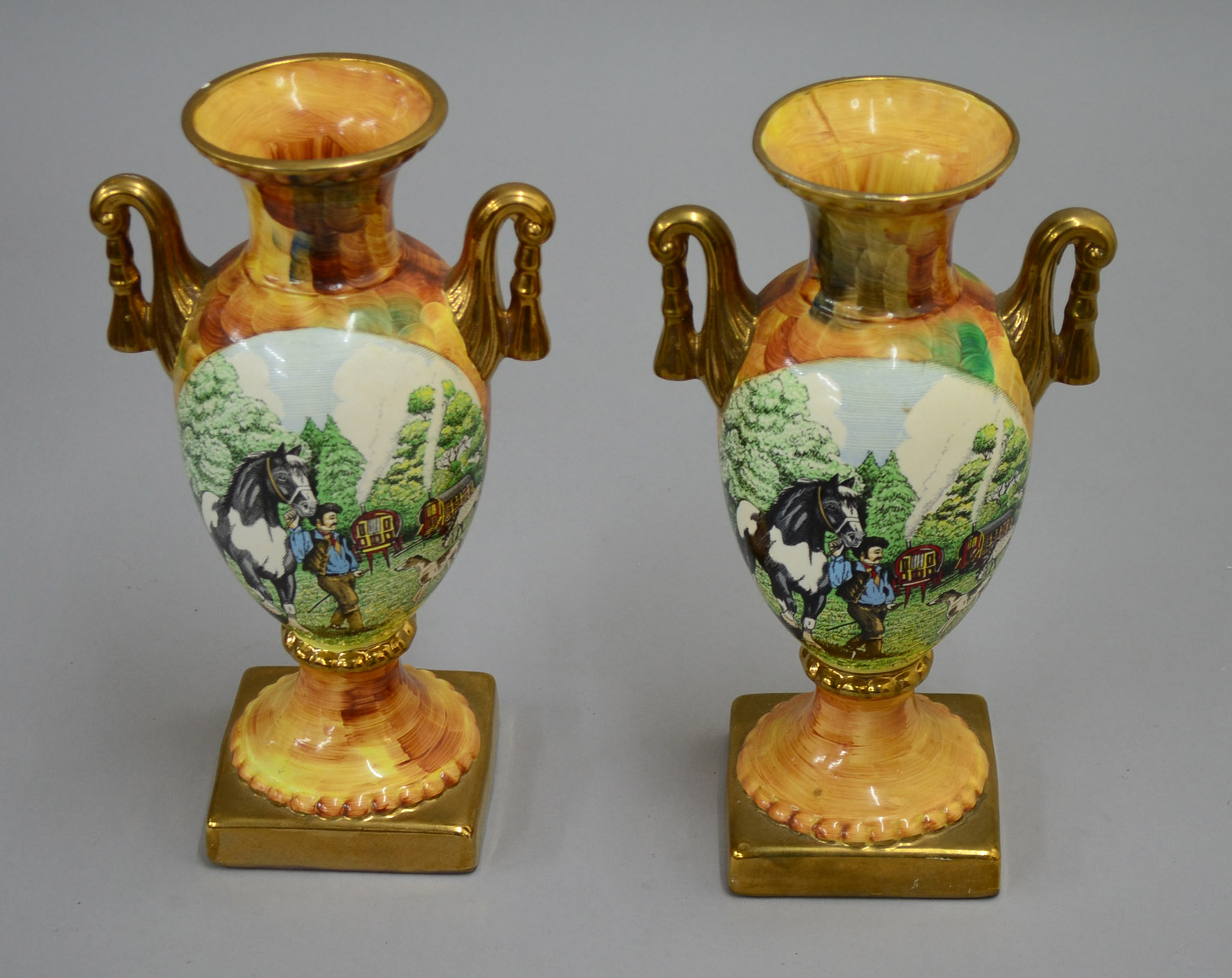 Pair of Hose St. Pottery Tunstall porcelain vases in Classical style with gilding and detail