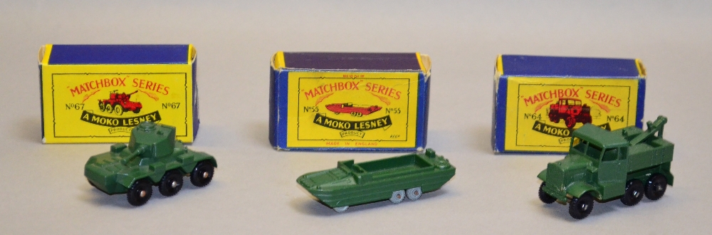 Three Moko Lesney Matchbox 1-75 series military models: 67 'Saladin' Armoured Car (VG in G box