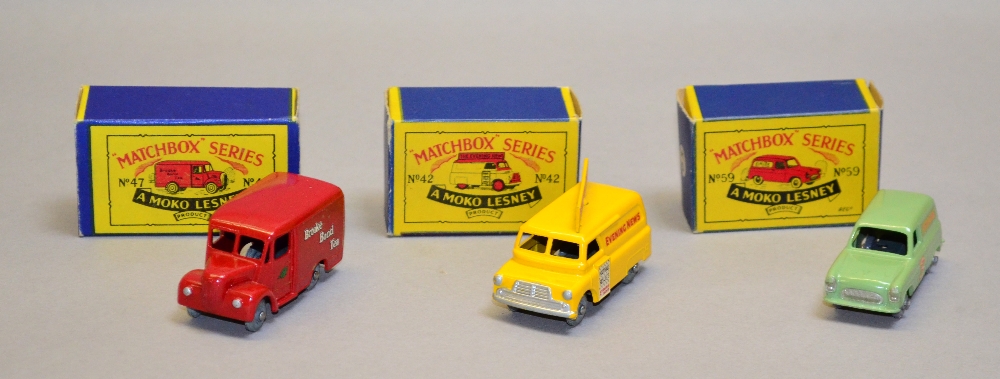 Three Moko Lesney Matchbox 1-75 series commercial models: 42 Evening News Van (VG in G/VG box, small