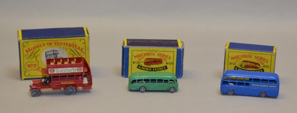 Two Moko Lesney Matchbox 1-75 series models: 21 Bedford Coach (G/VG no decals, in VG box); 58 BEA