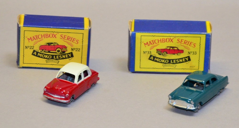 Two Moko Lesney Matchbox 1-75 series car models: 33 Ford Zodiac (G/VG in G box); 22 Vauxhall Cresta,