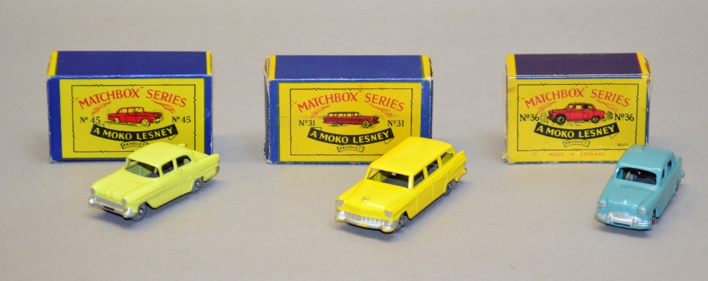 Three Moko Lesney Matchbox 1-75 series car models: 45 Vauxhall Victor (G+ in VG box); 31 American