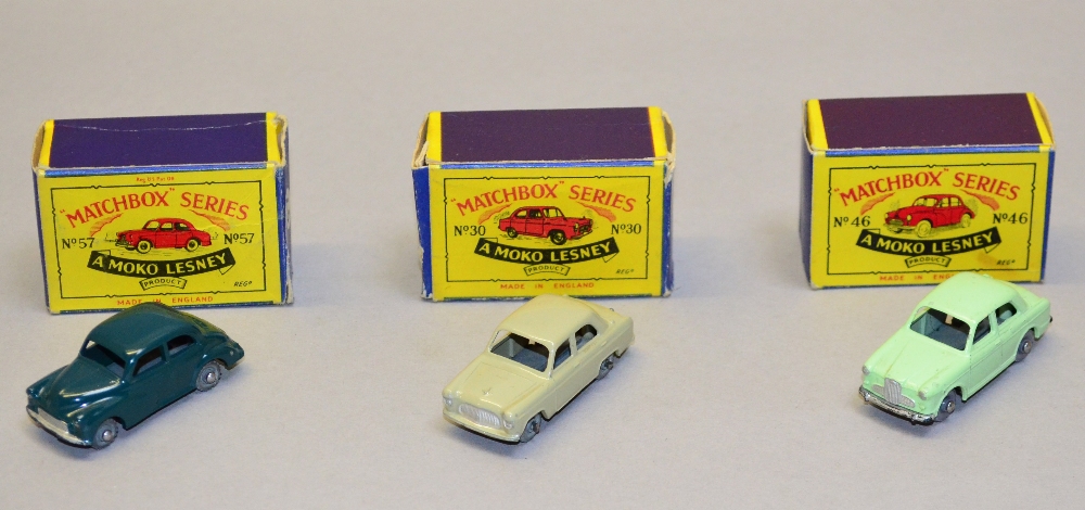 Three Moko Lesney Matchbox 1-75 series car models: 46 Morris Minor 1000 (VG, chip to rear, in VG