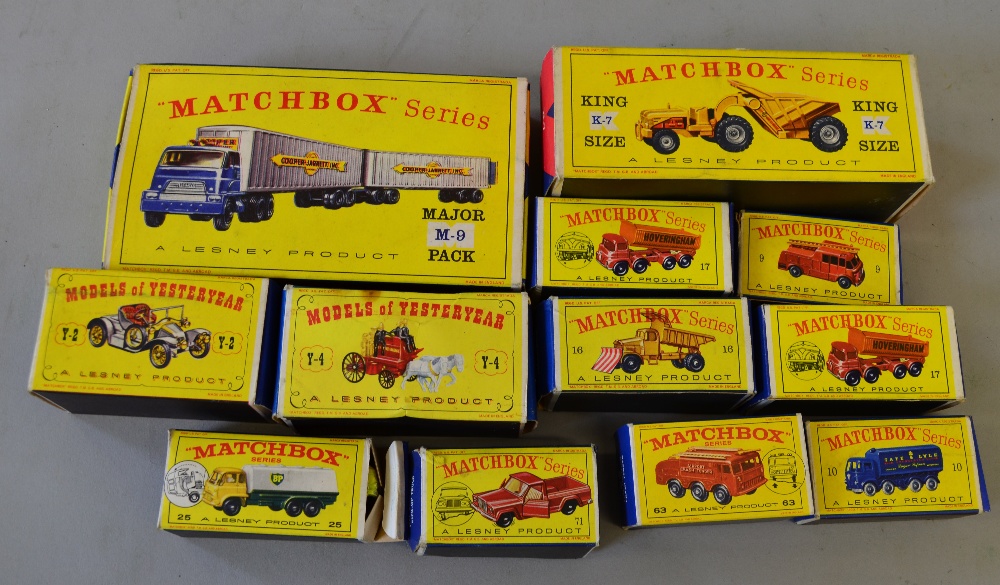 12 x Lesney Matchbox diecast models: M-9 Inter-State Double Freighter (missing cab and first