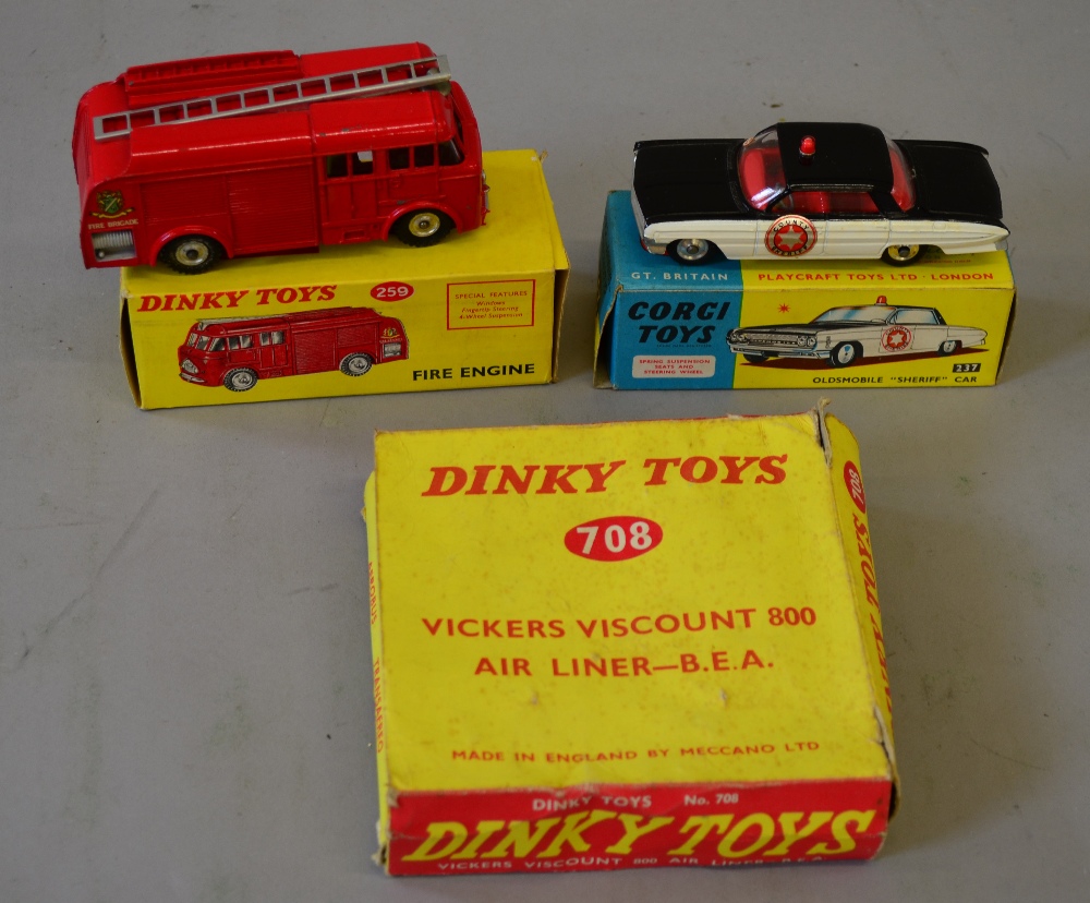 Two Dinky Toys diecast models: #259 Fire Engine, G+ in G+ box; #708 Vickers Viscount 800 Air Liner -