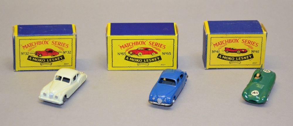 Three Moko Lesney Matchbox 1-75 series models: 32 Jaguar XK140 (G/VG in G/F box); 41 D Type