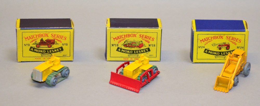 Three Moko Lesney Matchbox 1-75 series construction models: 8 Caterpillar Tractor (G/VG in VG