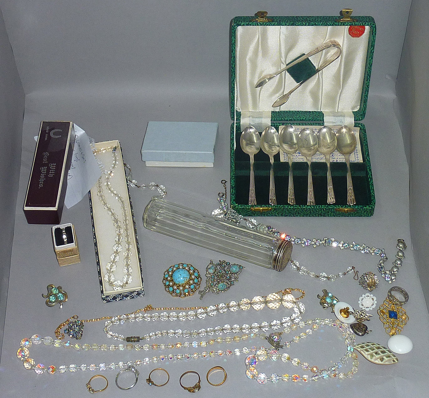 Hallmarked silver topped contained, together with a quantity of jewellery.
