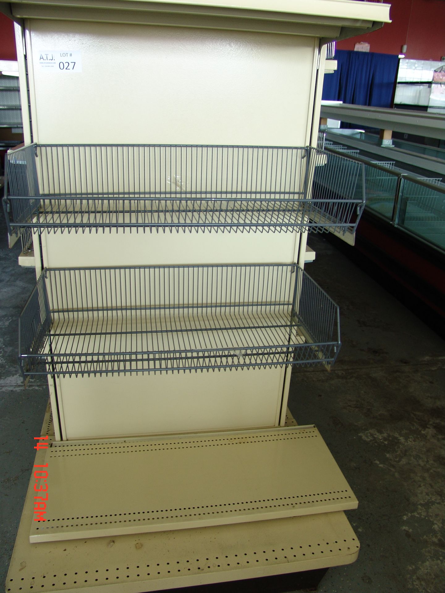 Beige Metal Retail Gondola Display Shelving single sided with one shelf and two baskets 31lx14wx61h