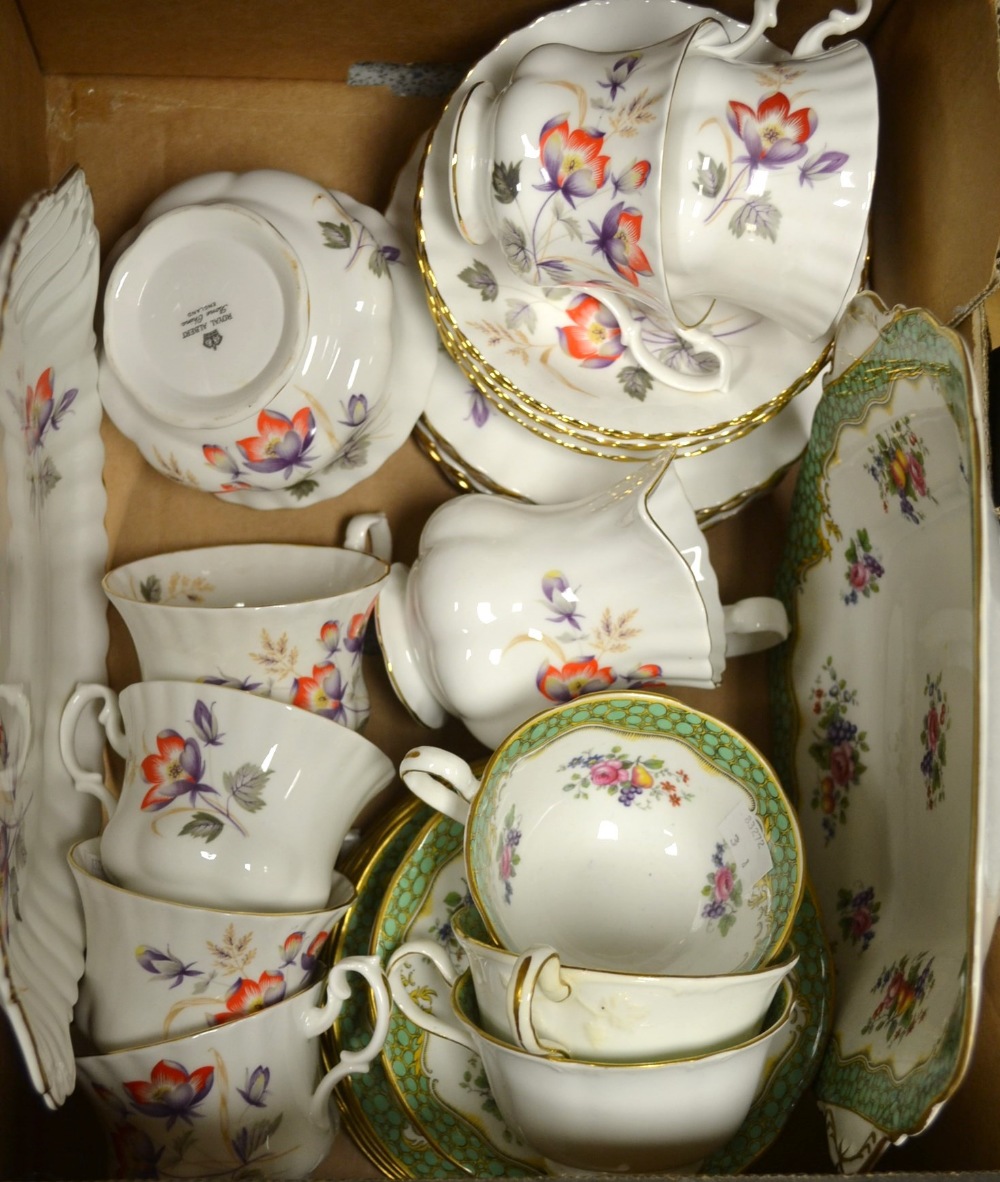 Teaware - a Royal Albert tea set for six, decorated with flowers, comprising bread plate, side