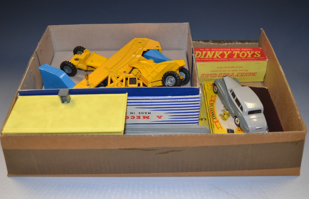 Dinky Toys 150 Rolls-Royce Silver Wraith, two tone grey body, spun hubs, boxed; 502 garage with