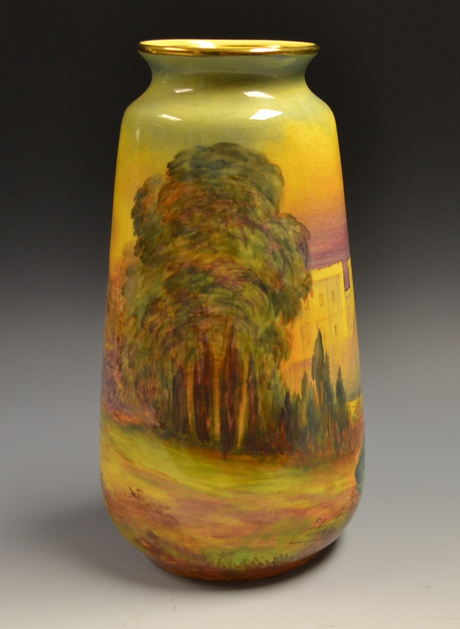 An unusual Royal Winton tapering cylindrical vase by P Austin, signed, hand painted, Windsor Castle,