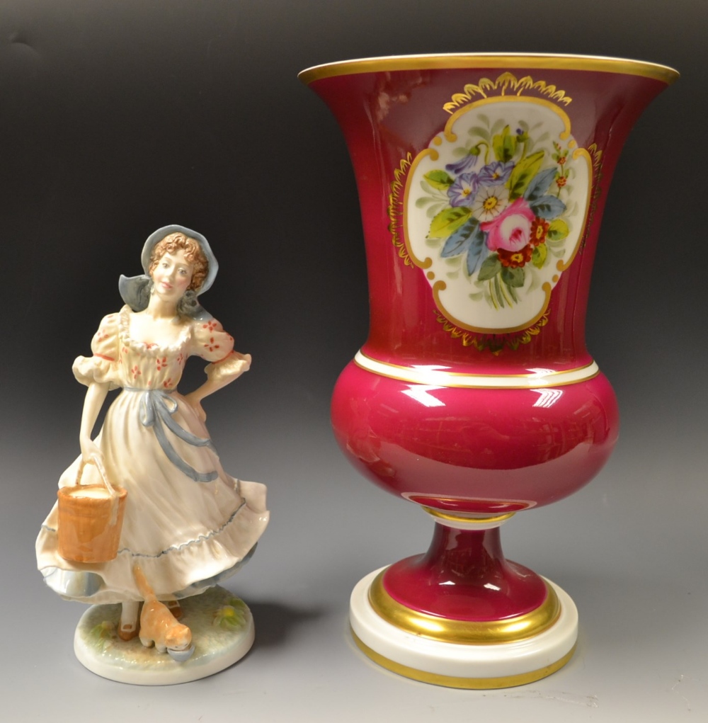 A Royal Worcester Old Country Ways figure, The Milkmaid, 3704/9500; a Vista Alegre handpainted urn